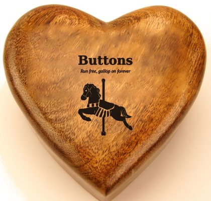 Carousel horse with a name and verse engraved on a mango wood heart urn