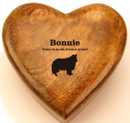 Collie silhouette with a verse engraved on a mango wood heart urn