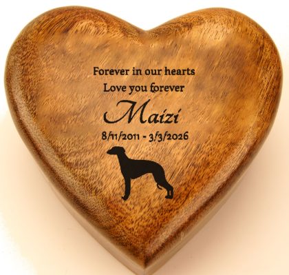 Greyhound silhouette with a verse engraved on a mango wood heart urn