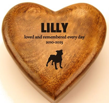 Staffie silhouette with a name engraved on a mango wood heart urn